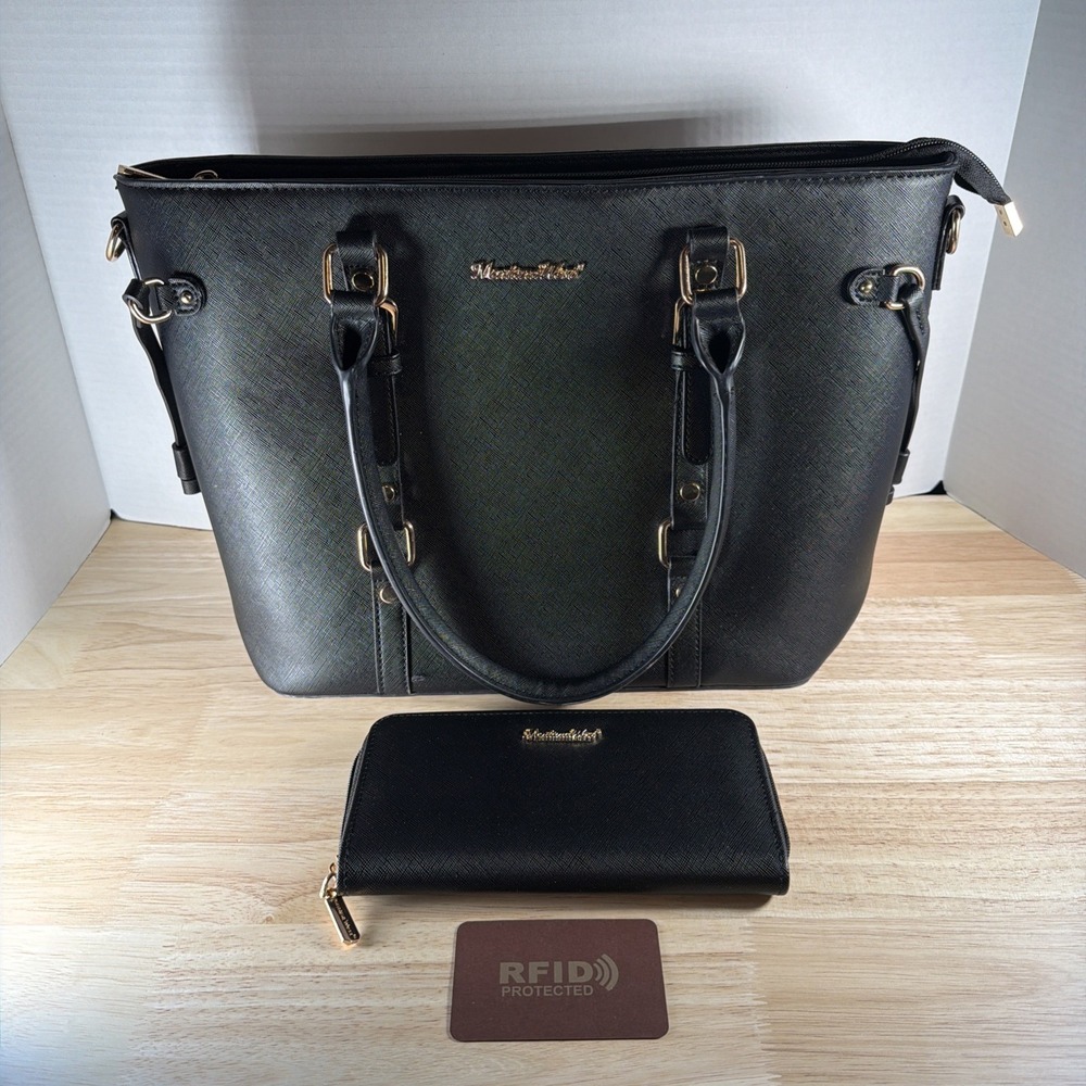 Montana West Purse And Wallet Set Women Black With Gold Tone Hardware Tote